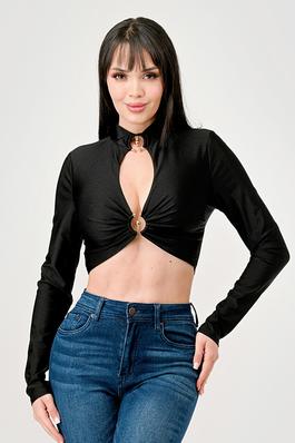 LUXE CRYSTAL GOLD RINGS KNOT CUTOUT CROPPED TOP