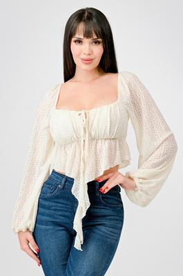 STRETCH LACE RUCHED SQUARE NECK RUFFLE DRAP TOP