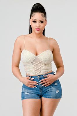 SEQUINS SWEETHEART CRISS CROSS LACE UP BUSTIER CROPPED TOP
