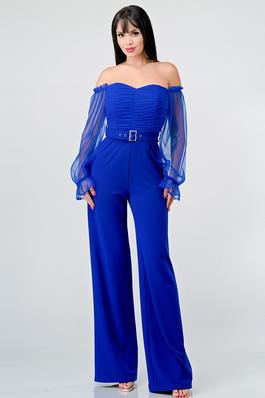 LUX SEE-THRU RUFFLED OFF SHOULDER RUCHED RHINESTONE BELTED JUMPSUIT