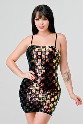LUXE CHECK PATTERN SEQUINS BODYCON MINI DRESS