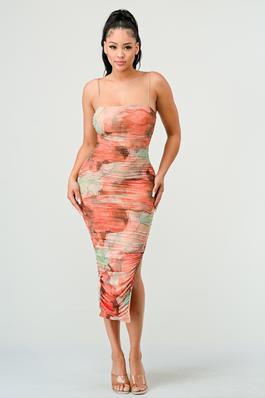 LUXE TIE DYE PRINT MESH RUCHED SLITTED MIDI DRESS