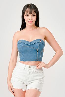 SEXY WASHED DENIM ZIPPER DETAIL BUSTIER TUBE TOP