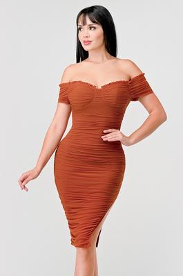 LUXE MESH OFF SHOULDER RUCHED KNEE LENGTH DRESS
