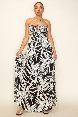 TROPICAL CRINKLE SATIN SPAGHETTI STRAP HALTER SMOCKED BACK CUT OUT MAXI