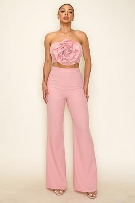 WOOL CREPE ROSETTE FRONT TUBE TOP WITH BELL BOTTOM PANT SET