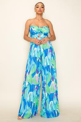 PRINTED CHIFFON TUBE CUT OUT FRONT PLEATED BOTTOM WIDE LEG JUMPSUIT