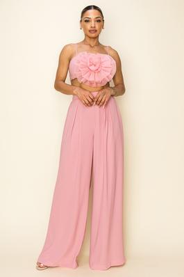 TULLE ROSETTE FRONT TUBE CROP TOP WITH PANT SET