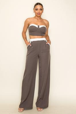 SUITING FABRIC TUBE CROP TOP WITH 2 POCKET WIDE LEG PANT SUIT SET