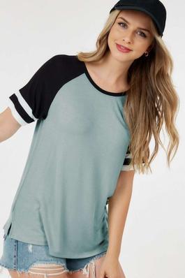 SS Round Neck Top with Striped Arms