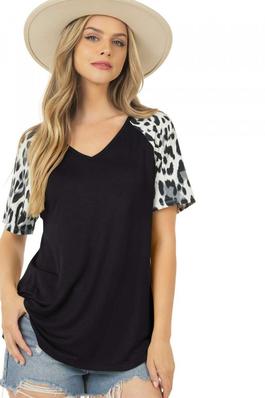 V Neck Top with Animal Print on sleeves