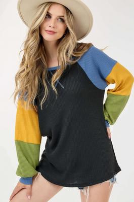 Long Sleeve Color Contrast Round Neck Top