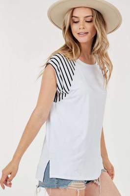 SS Round Neck Top with Striped Sleeves