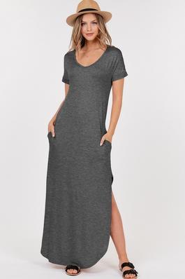 Short Sleeve Scoop Neck Maxi Dress With Side Slits