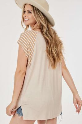 SS Round Neck Top with Striped Sleeves