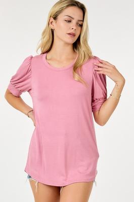 Rolled Short Sleeve Round Neck Top With Side Slits