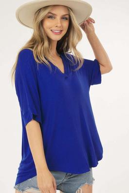 Basic Short Sleeve V Neck Top with Banded Sleeves