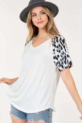 V Neck Top with Animal Print on sleeves