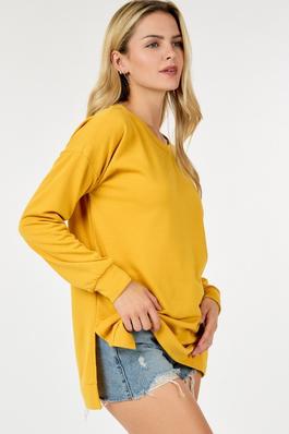 Long Sleeve Round Neck Top with Side Slit