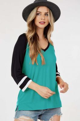3/4 V Neck Top with Striped Arms