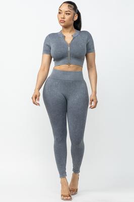 MINERAL WASH ZIPPER FRONT TOP AND LEGGINGS SET