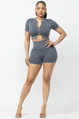 MINERAL WASH ZIPPER FRONT TOP AND SHORTS SET