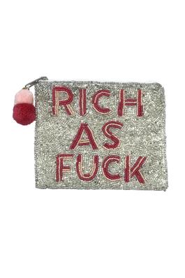 RICH AS FUCK  IN SILVER  Beaded Coin Purse 