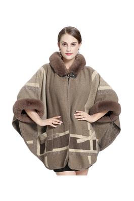Fur Collar Check Hooded Cape S0139