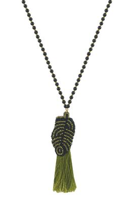 Green Silk Tassel Beaded Long Necklace
