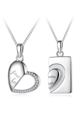 Heart Rhinestone Silver Couple Necklace Set
