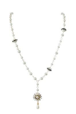 Floral Rhinestone Pendant Pearl Bead Necklace 