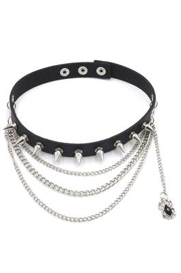 Multi Chain Rivet Leather Choker Necklace N4763