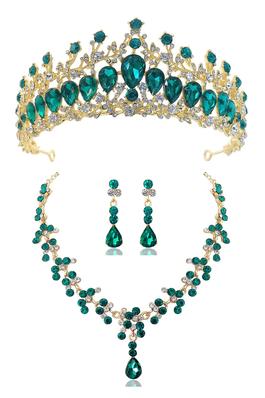 Baroque Rhinestone Necklace Earrings Crown Set 