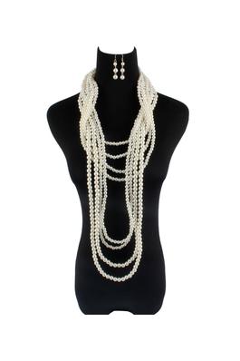 Long Multilayer Pearl Bead Necklace Earrings Set 