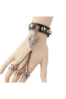 Skull Wolf Leather Bracelet With Rings B3451