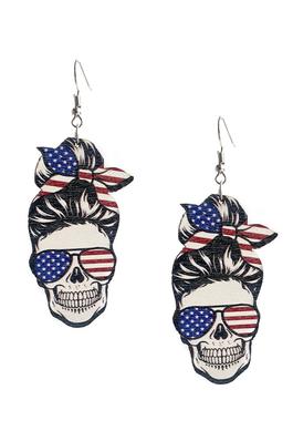 Skull American Flag Printed Wooden Earrings E5927
