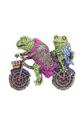 Frogs Ride Bicycles Rhinestone Pin PA4922