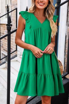 Green Solid Color V Neck Ruffle Tiered Mini Dress