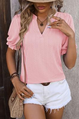 Chic Texture Notched Neck Frilly Puff Sleeve Top