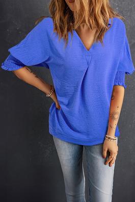 Boxy Collared Smocked Sleeve Cuffs Blouse