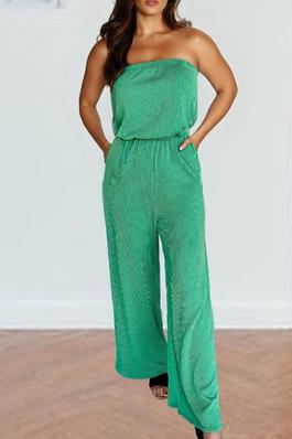 Sea Green Ribbed Strapless Wide Leg Jumpsuit