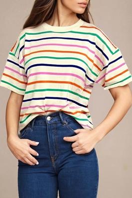 Beige Stripe Short Sleeve Boxy Fit Knitted Top