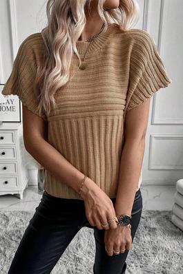 Beige Rib Knitted Wide Sleeve Sweater T Shirt