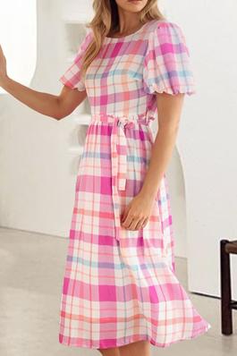 Pink Checkered Puff Sleeve Belted Midi Dress