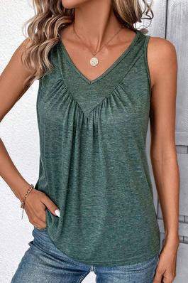 Solid Pleated V Neck Sleeveless Top