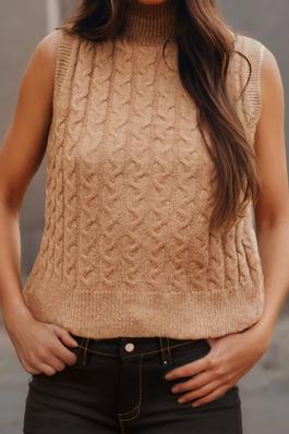 Beige Solid Color Cable Knit High Neck Tank Top