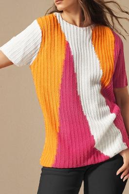 Orange Textured Knit Colorblock Sweater