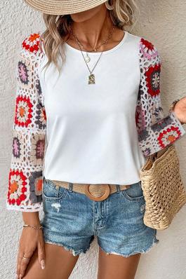 White Crochet Floral Contrast Sleeve Patchwork Top