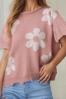 Pearled Flower Distressed Edge Sweater T Shirt