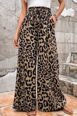 Leopard Lace-up High Waist Flowy Wide Leg Pants